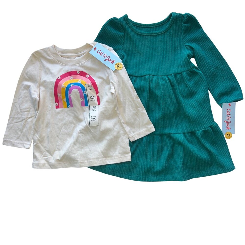Cat & Jack Rainbow Tee & Ruffle Dress Baby Girls 18M Multicolor Green Organic Se